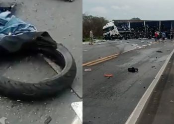 Motoqueiro morre carbonizado em acidente com carreta na BR-135